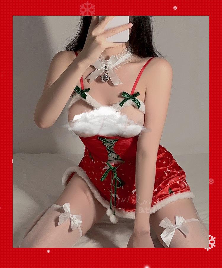 Velvet Bow Cutout Lingerie Set: Plush Patchwork Christmas Uniform for Women
