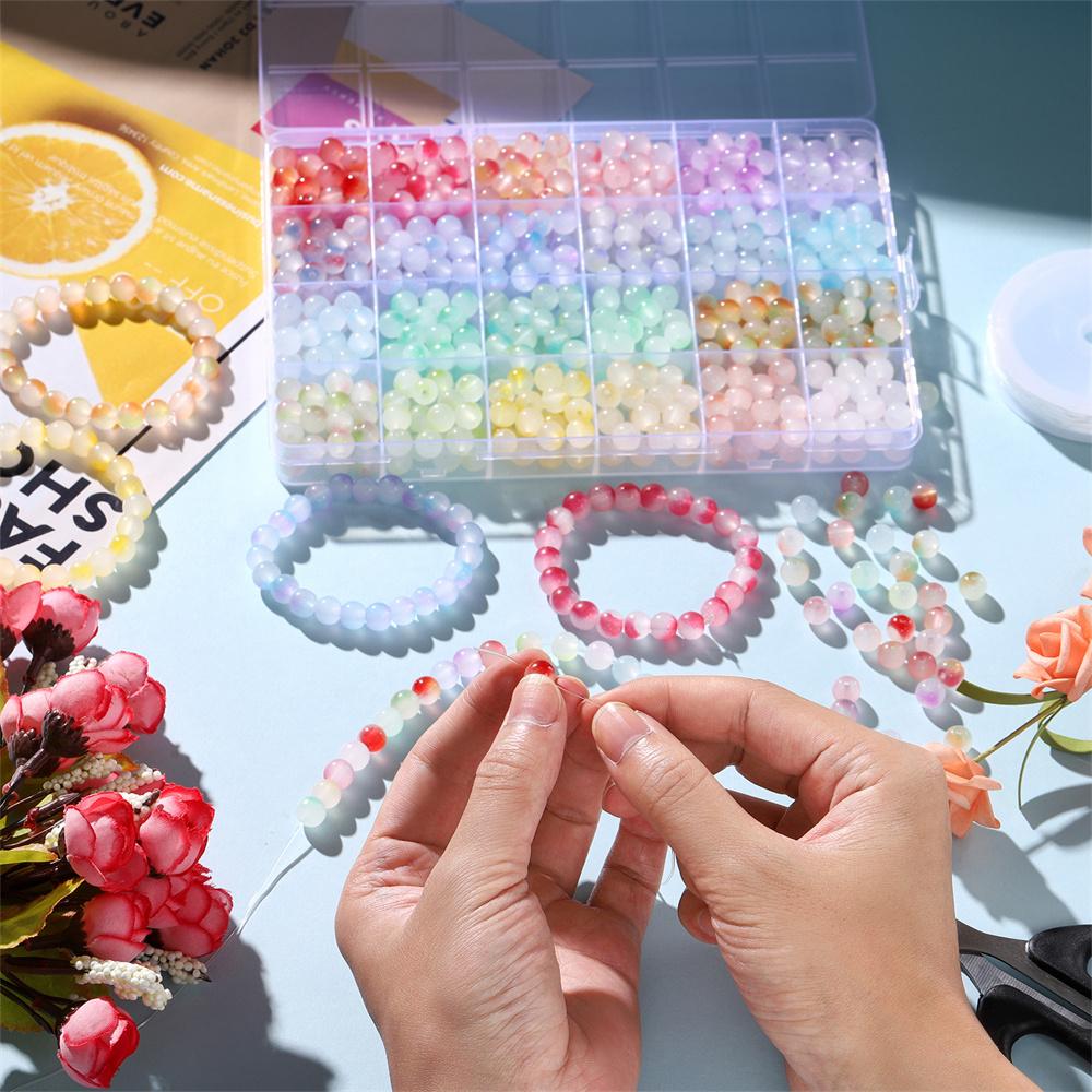 600pcs Double Color Jelly Result Round Glass Beads with Elastic Cord Jewelry Scissors Kits for Bracelet Necklace DIY Jewelry