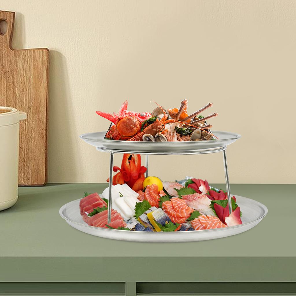 Set di Piatti da Portata per Frutti di Mare a 2 Piani, Vassoio Rotondo in Metallo da 20 cm e 25 cm con Supporto, Piatto d'Argento per Antipasti, Vassoio per Sushi, Piatto da Festa