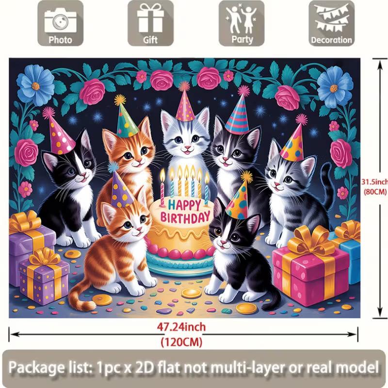 2D Cat Themed Happy Birthday Backdrop for Kids Birthday Party Decoration