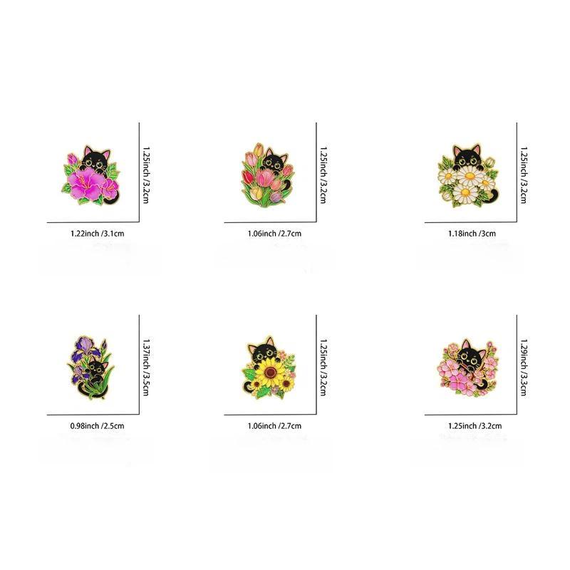 1/6Pcs Animal Brooches Flowers Enamel Pin Set Cartoon Black Cat Brooch For Coat Collar Lapel Pins Metal Badges Jewelry Gift