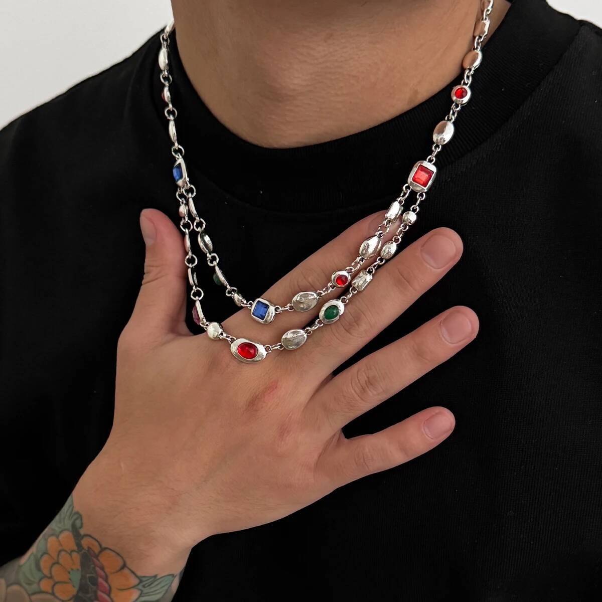 IngeSight.Z Boho Double Layered Colorful Acrylic Drill Necklace Men Vintage Exquiste Luxury Clavicle Neck Couple Party Jewelry