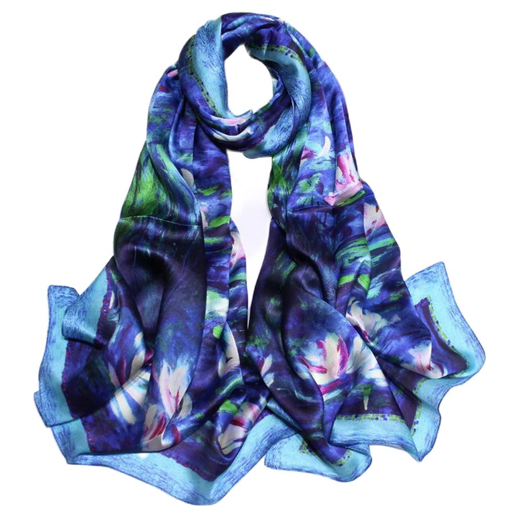 Silk Impressionist Claude Monet Water Lilies Navy Chiffon Silk Large Masterpiece Stole [Anemos] 100%