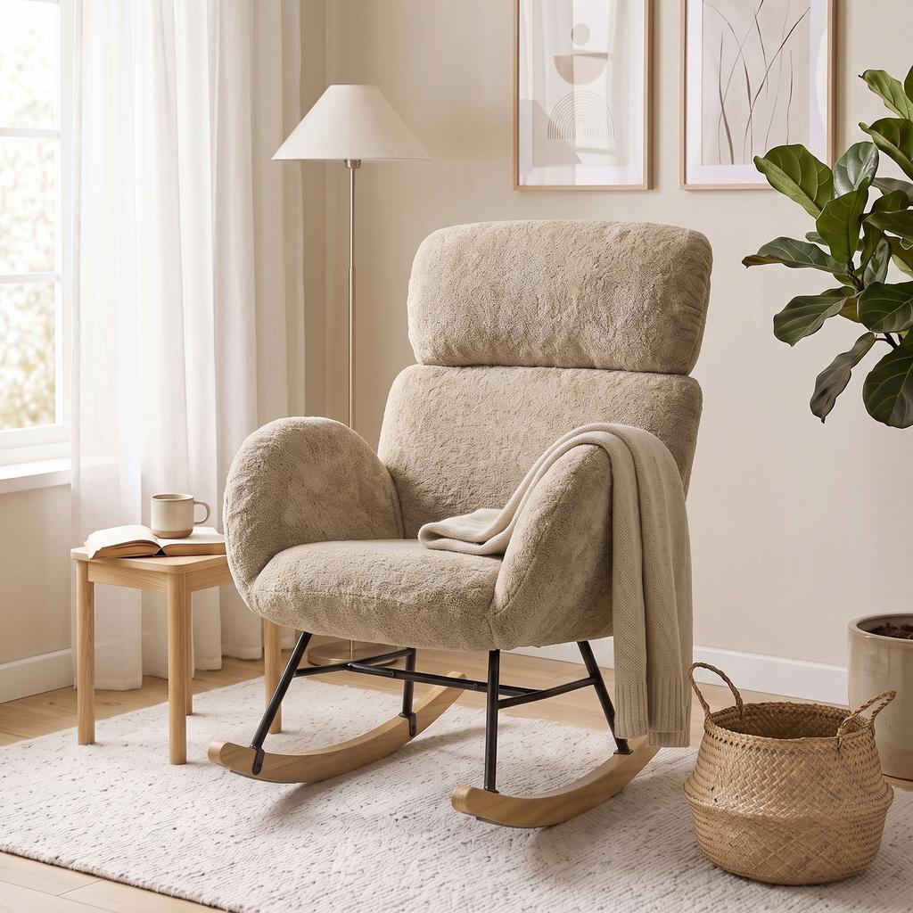 Upholstered Rocking Chair Adjustable Headrest Rocker Chair Raindrop Velvet Rubberwood Base Light Brown