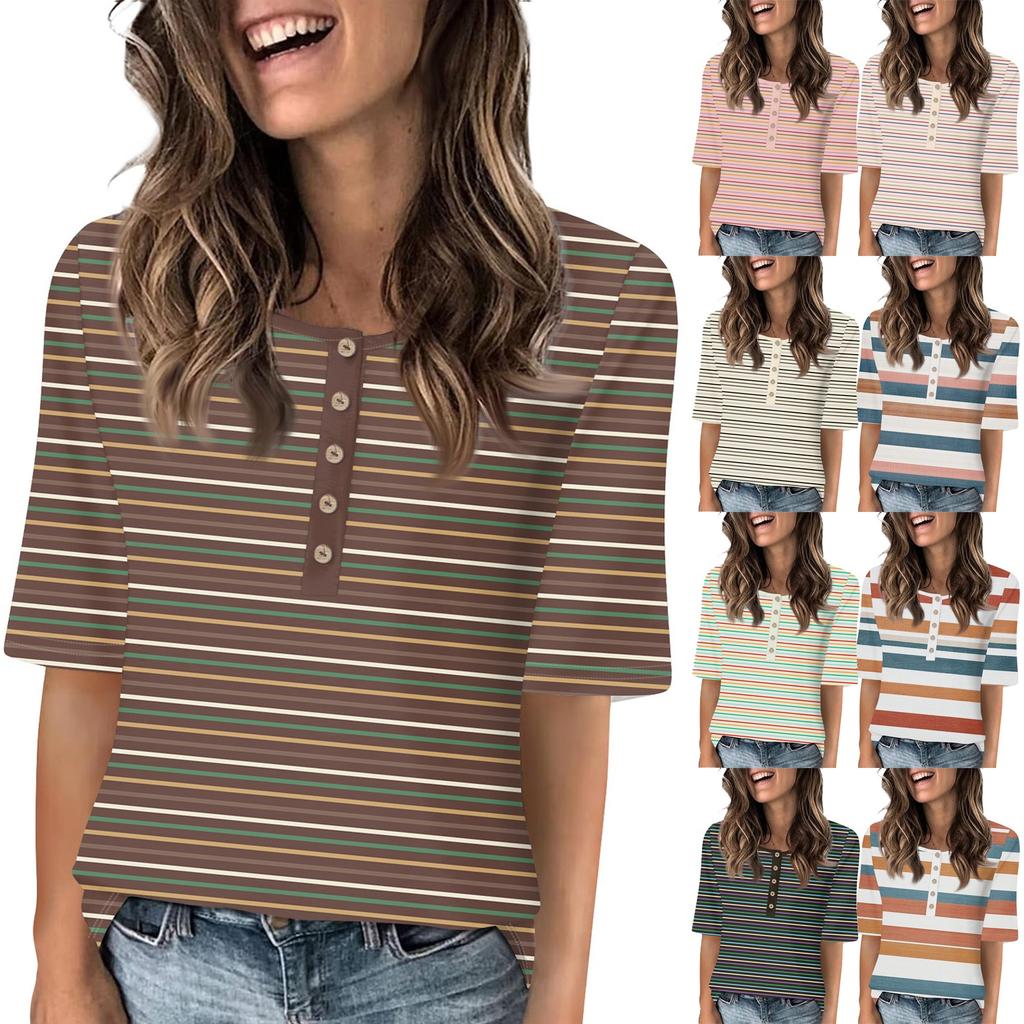 Shirts For Women Trendy Round Neck Button T Shirts Printed  Blouse Half Sleeve Tops For Women