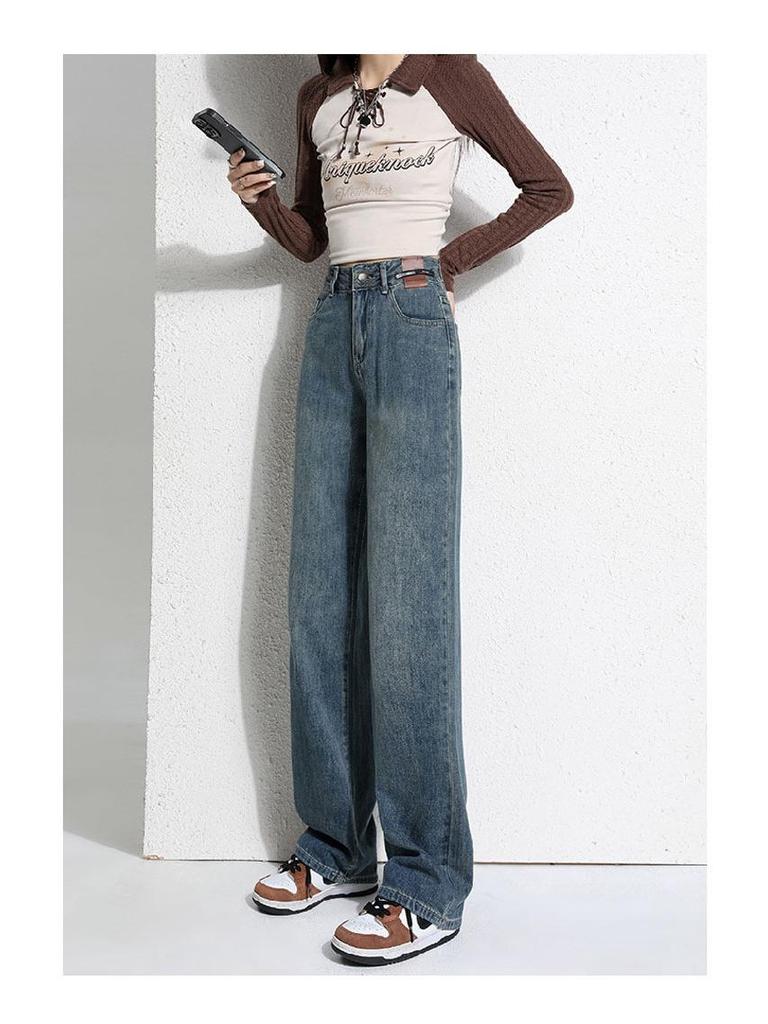High-Waisted Leather Patch Wide-Leg Fleece-Lined Denim Pants for Women - 2026 Winter Style, Slimming and Warm Floor-Length Design.