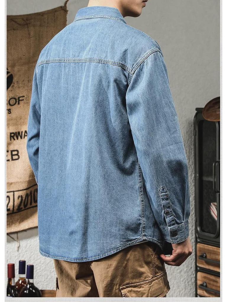 Jachetă Cămașă de Lucru Denim cu Mânecă Lungă Americană Retro Trendy pentru Bărbați