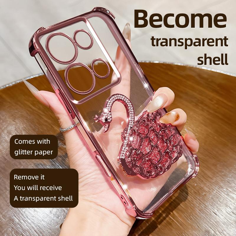 KEYSION Shockproof Plating Phone Case for Redmi Note 13 Pro 4G 13 5G Glitter Jewelled Swan Kickstand Cover for POCO X6 Pro M6 Pro