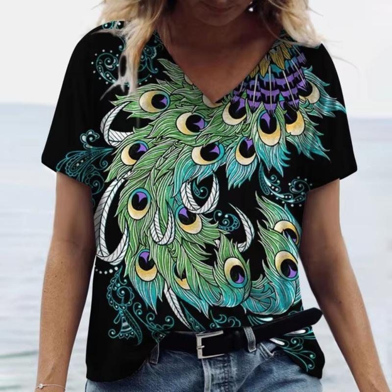 Summer V Neck Women T-Shirts 3D Print Peacock Feather Graphic Fashion Short Sleeve Harajuku Y2k Top Oversized Casual Female T Shirt