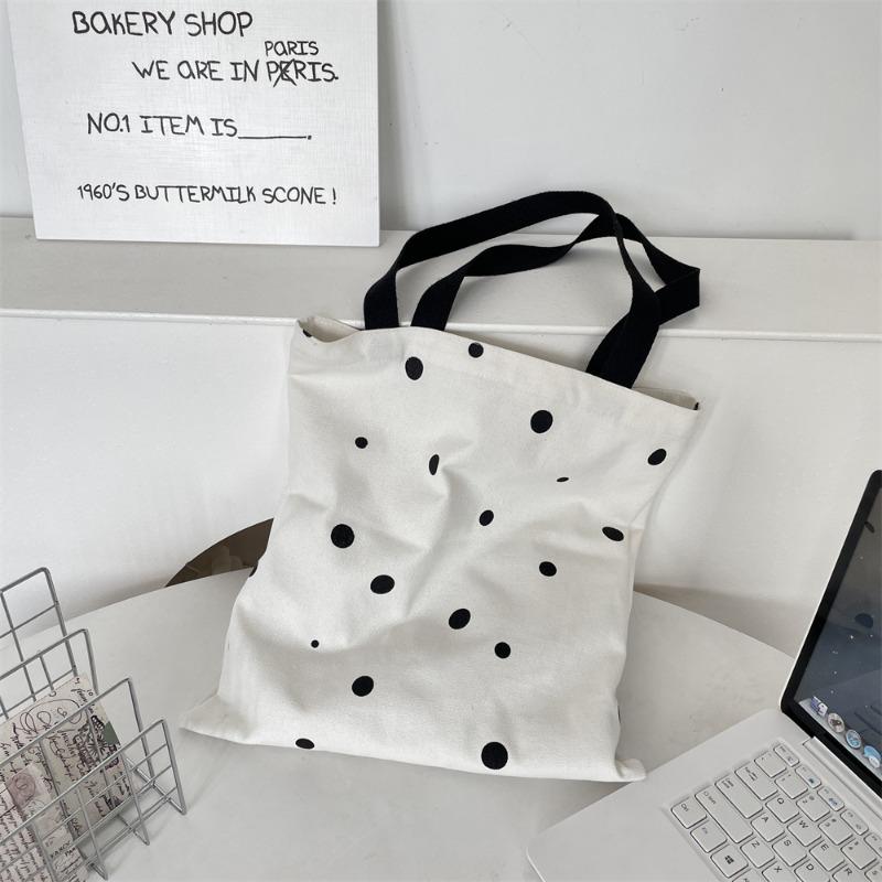 5 Printed polka dot canvas bag Large capacity shoulder bag Simple student school bag Open canvas bag