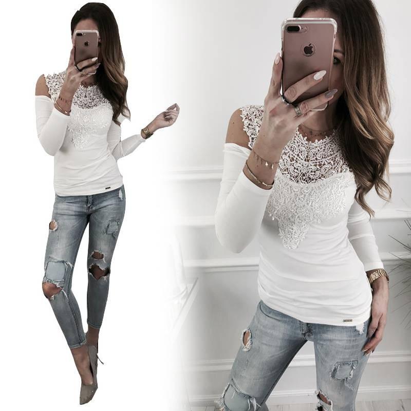 Elegant Spring Collection Sexy Lace Shoulder Cutout Cotton T-shirt Top In Gray Pink White And Black