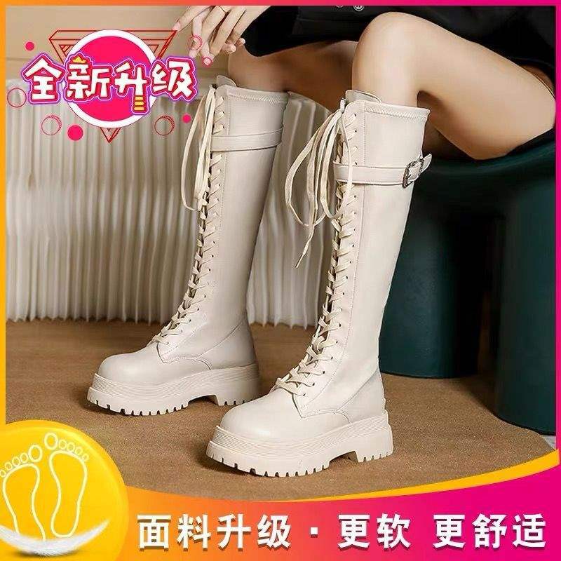 White Boots Women's Autumn and Winter Thick-soled But Knee Knight Boots Small Fat Mm Thick Legs Straps High Boots