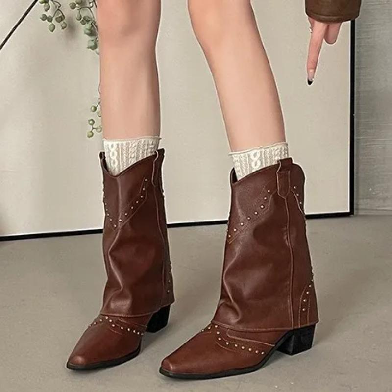 Vintage Pointed Toe Women Ankle Boots Fashion Rivet Slip On Shoes Female Thick Heel Western Cowboy Booties  De Mujer