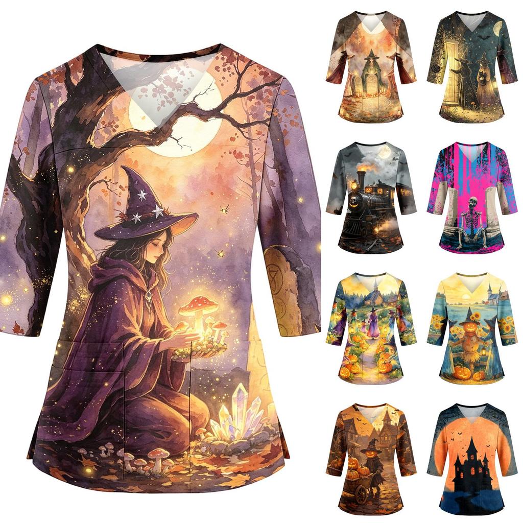 Women's Halloween Costume Top V-Neck Pockets Side Slit Three-Quarter Sleeves