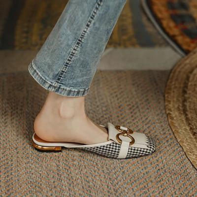 Summer Baotou Half Drag Sandals Female Retro Horsebit Buckle Low Heel Mueller Shoes Without Heel Square Head Slippers Fashion Women Breathable Shoes