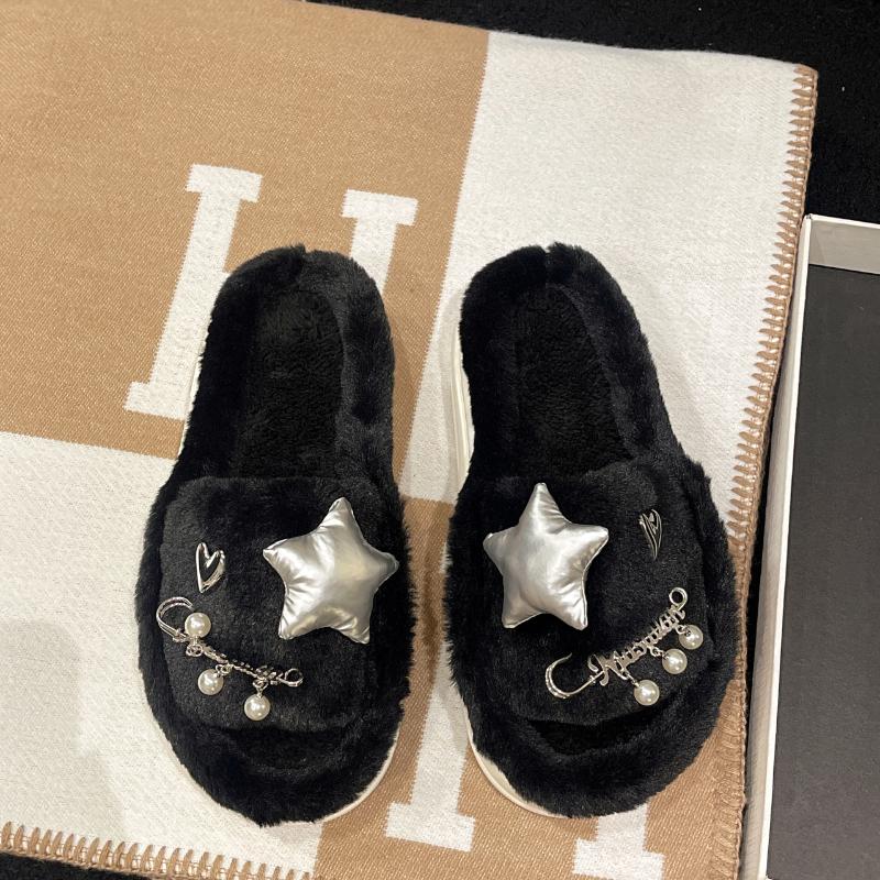 Модные зимние новые женские домашние однотонные тапочки из хлопка с жемчужной звездой — фото 5