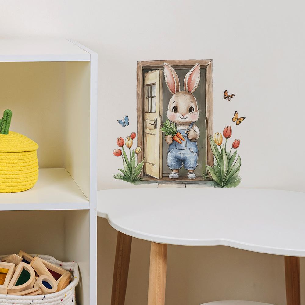 Wooden Door Painting Little Rabbit Butterfly Flower Multi-bedroom Living Room Home Background Beautification Wall Stickers