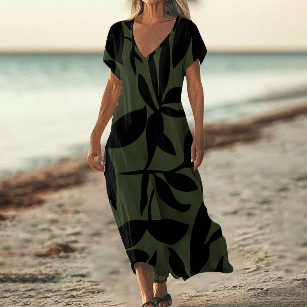 Fashion Women's Summer V-Neck Short Sleeve Floral Print Beach Dress