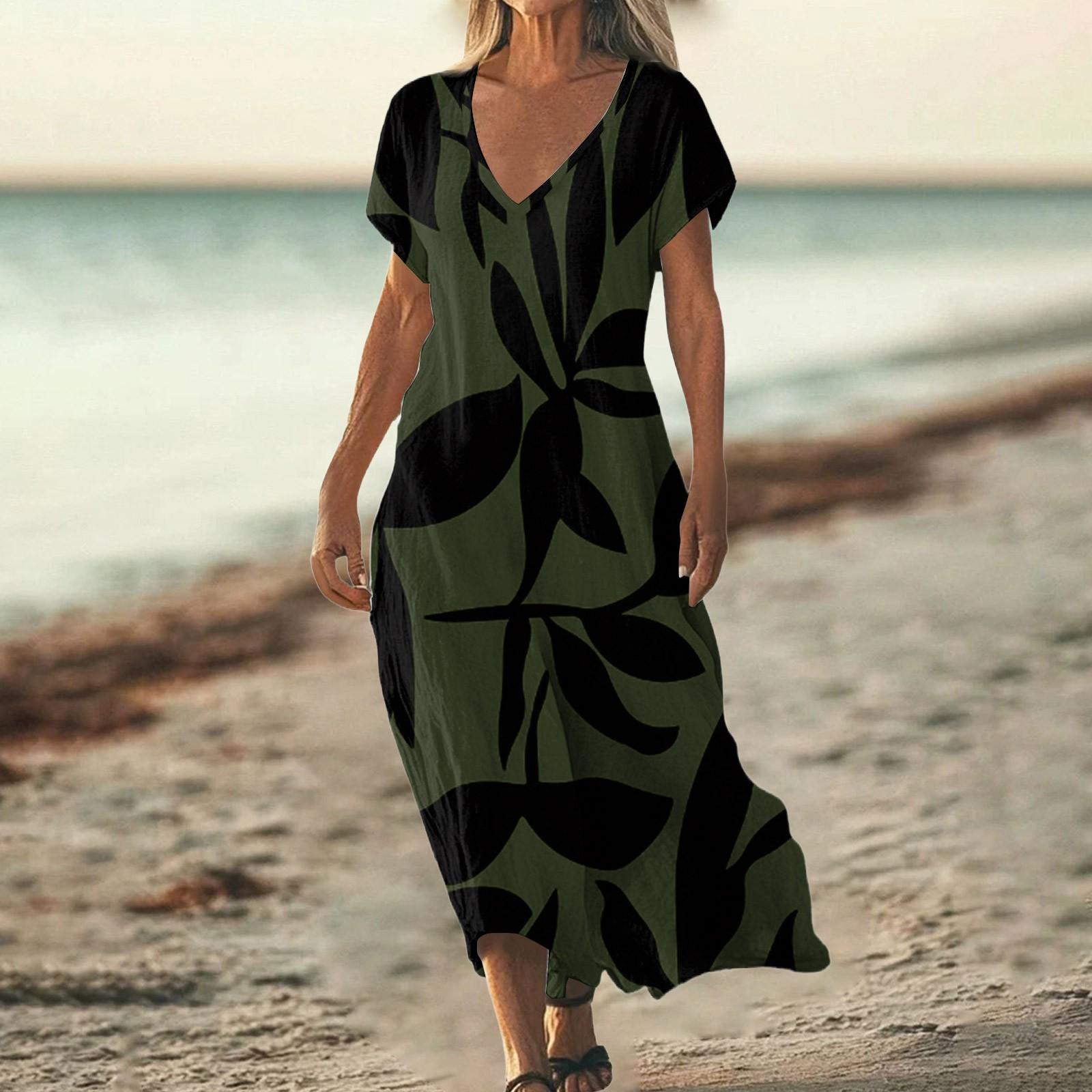 

Модное женское летнее пляжное платье с V-образным вырезом и коротким рукавом с цветочным принтом L