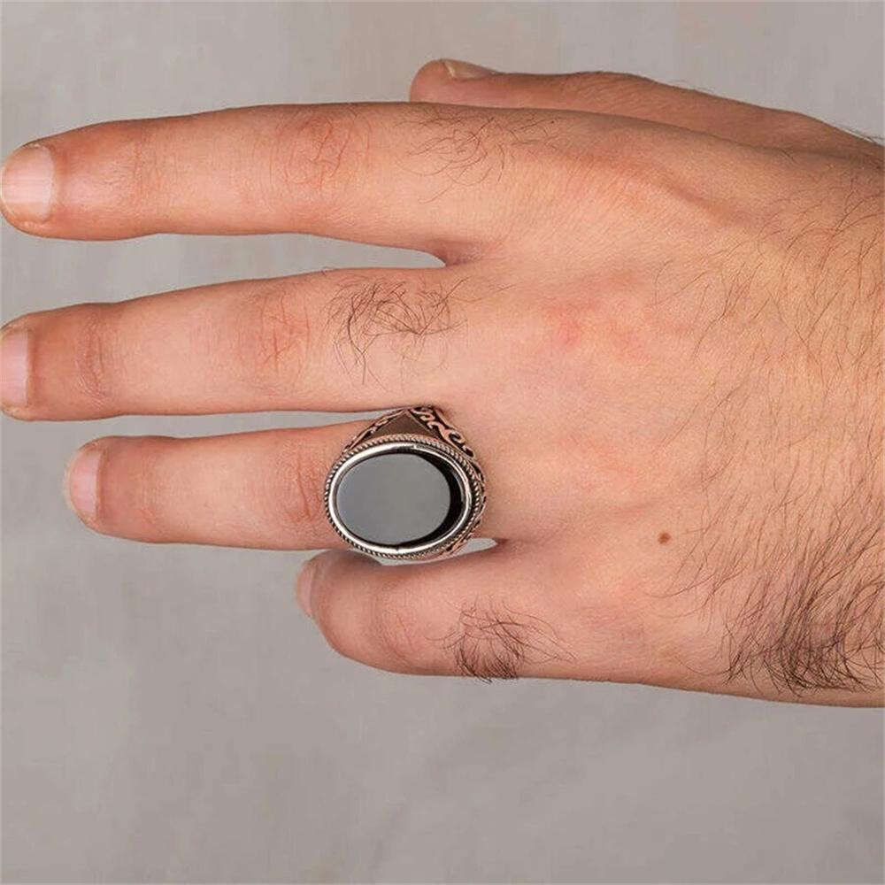 Vintage Men's Handmade Turkish Black Zircon Stone Ring Ancient Silver Color Pattern Ring Trendy Islamic Religious Muslim Jewelry