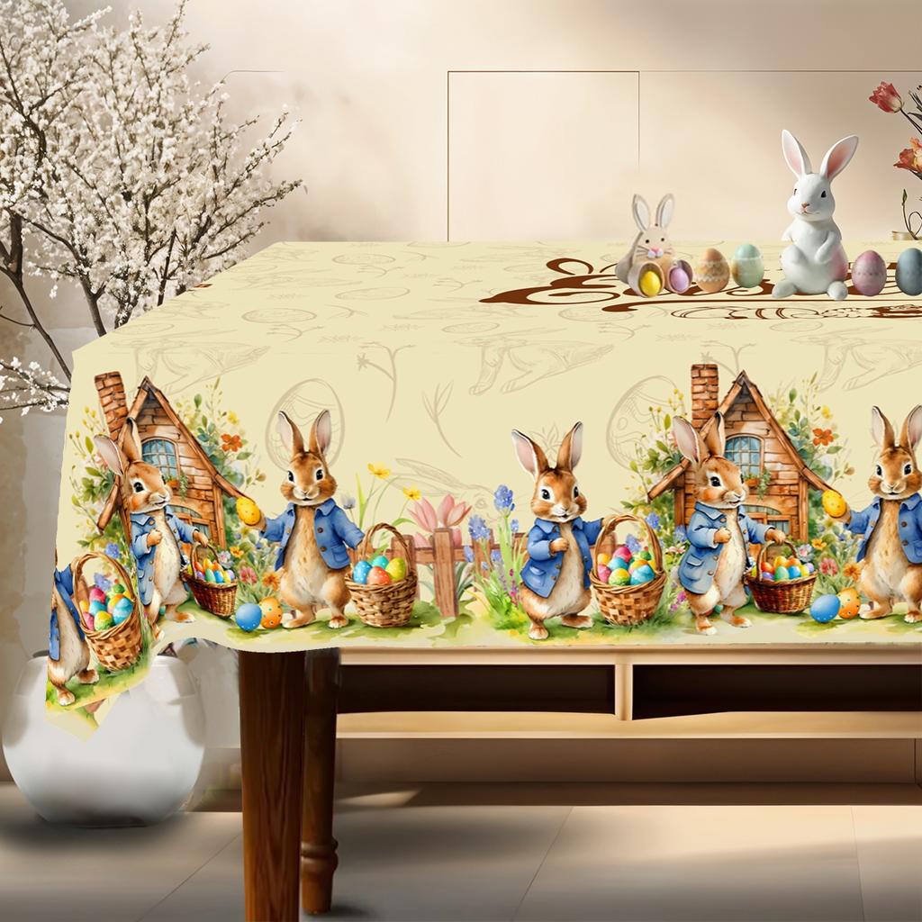 Vintage Easter Bunny Tablecloth Rabbit Eggs Flower Table Flag Cover Happy Easter Decoration For Home Kitchen Dining Table Decor