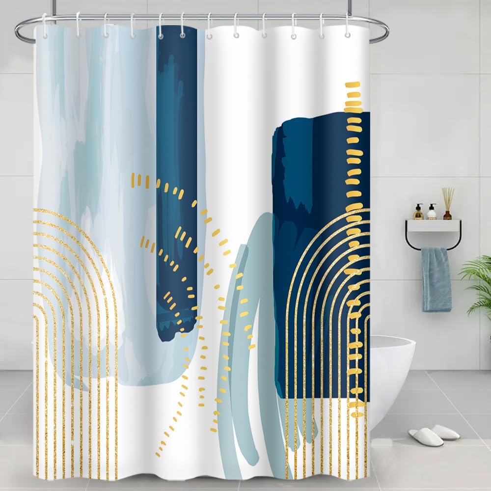 Striped Fabric Bathroom Shower Curtain-Modern Simple Polyester Waterproof Blue Grey Abstract Line Pattern With Hook