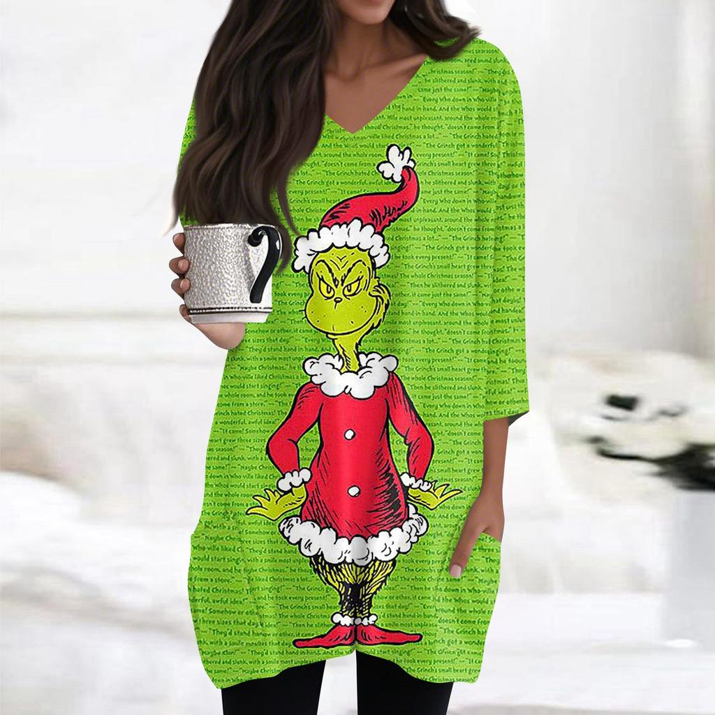 Womens Tops V-neck 3/4 Sleeve Blouses Casual Mid-length Shirts Fashion Christmas Print Tunic Tops With Pockets