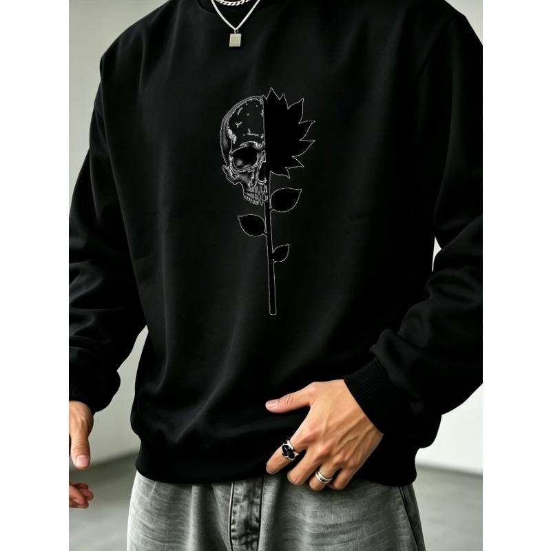 Men's Graphic Print Crew Neck Sweatshirt With Half Skull Rose Flower Art Christmas Halloween, Loose Fit Streetwear.