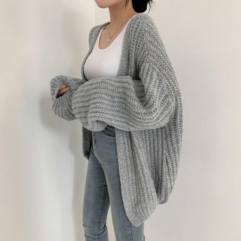 Plus-size Woman 2026 New Fashion Tide Loose Lantern Sleeve Knitted Cardigan Sweater Jacket Coat