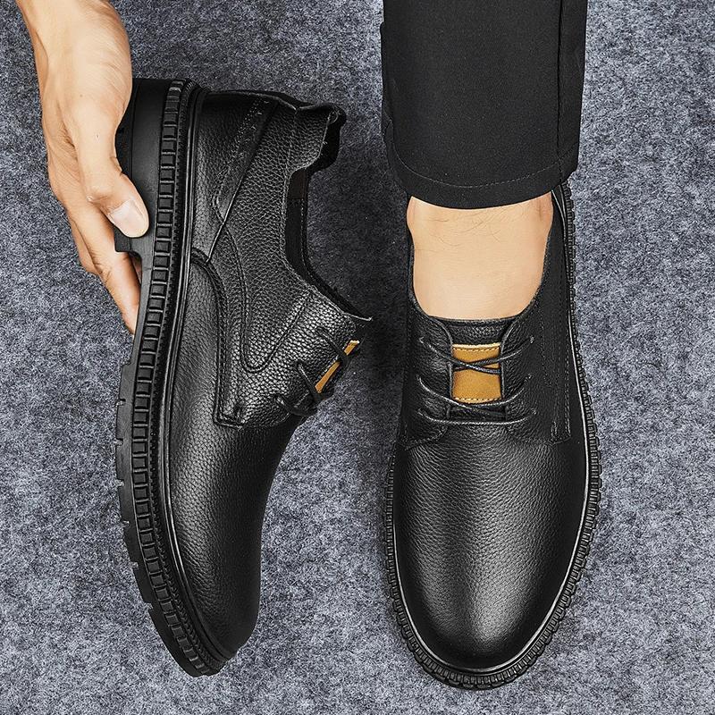 British Style Genuine Leather Men's Business Shoes 2026 New Flat Designer Office Walking Shoes Thick-soled Low-top Casual Shoes