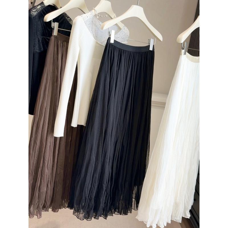 Early spring new fashion temperament versatile high sense A word pleated skirt women's drape mesh fairy skirt medium length skirt
