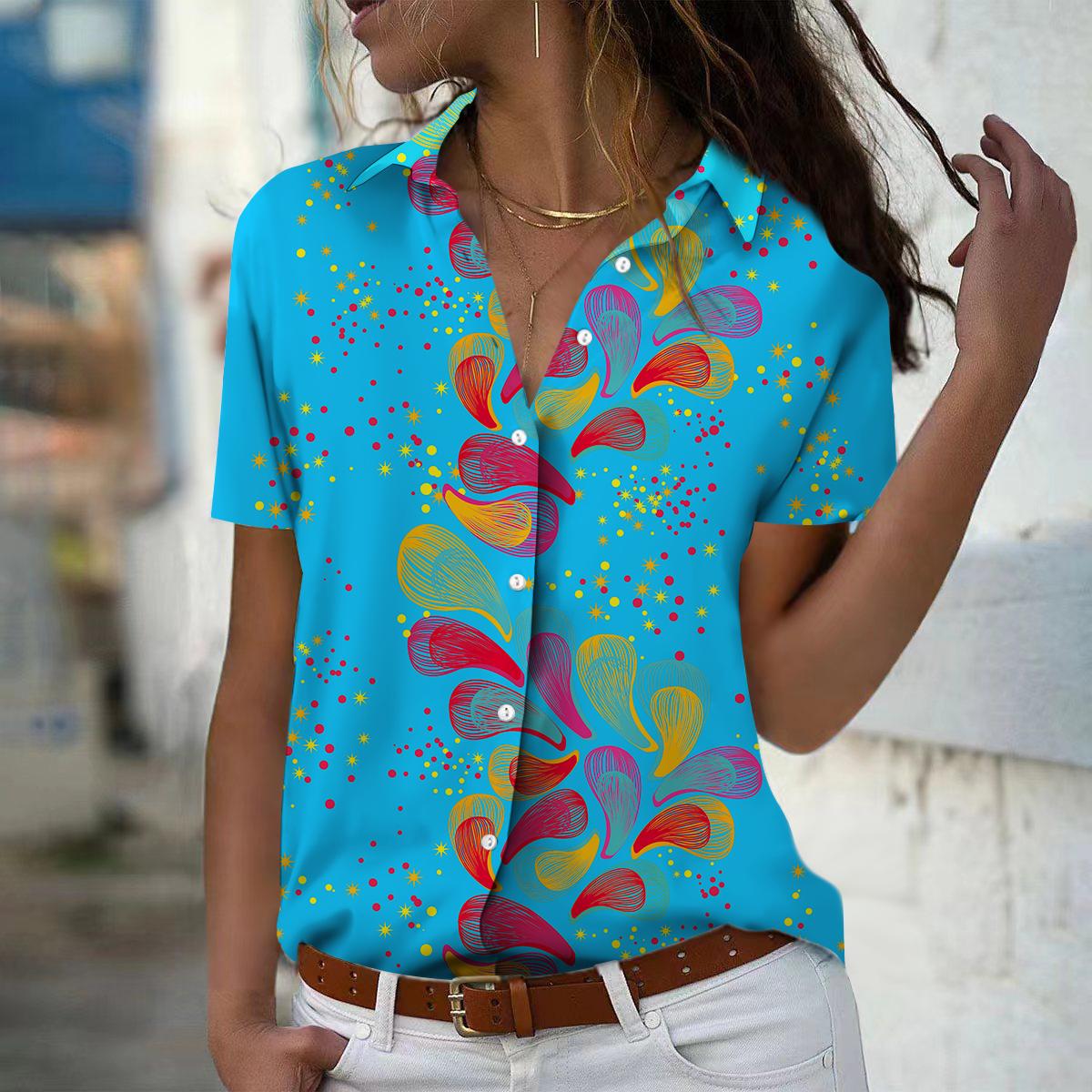 

2025 Summer New Fashion Women s Multicolored Printed Short Sleeve V-neck Casual Button-down Shirt Top XS синій