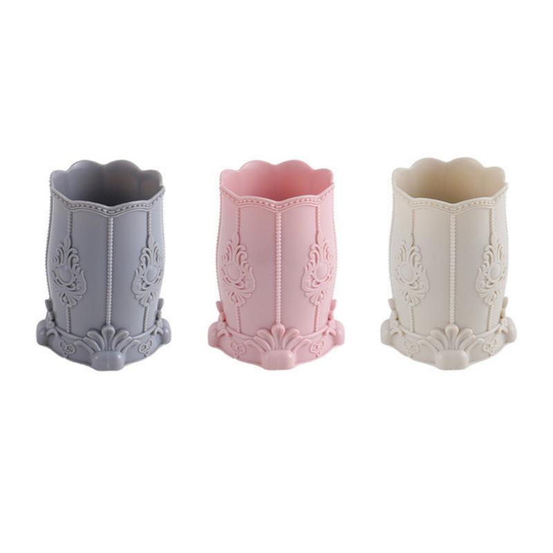 Pencil Holder Organizer Plastic Cosmetic Makeup Brush Desktop Pen Holder Stand Jewelry Storage Box White Pink Pen Pot Stationery