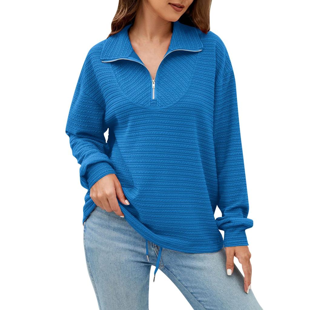 Women's Fashion Lapel Zipper Drawstring Loose Pullover Long Sleeve Casual Sweatshirt