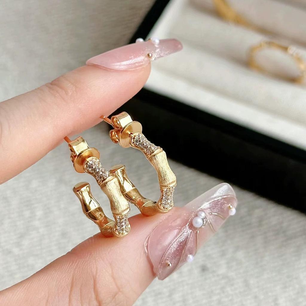 Foydjew Italian Vintage Jewelry Bamboo Design Gold Color Rings Stud Earrings Bracelets Bangles Jewelry Sets for Women