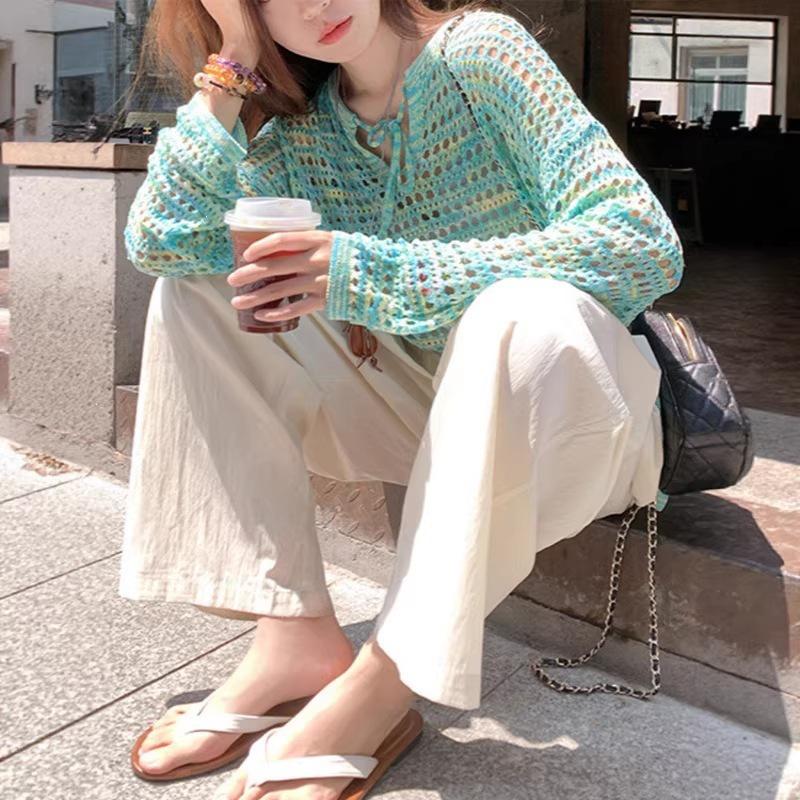 2026 Floral Knit Lace-Up Long Sleeve Korean Style Sun Protection Cardigan