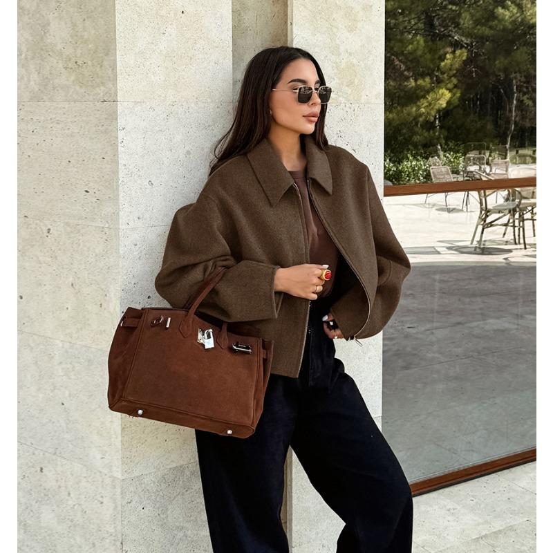 Damen Vintage Brauner Dicke Wolle Lockerer Umlegekragen Wintermantel