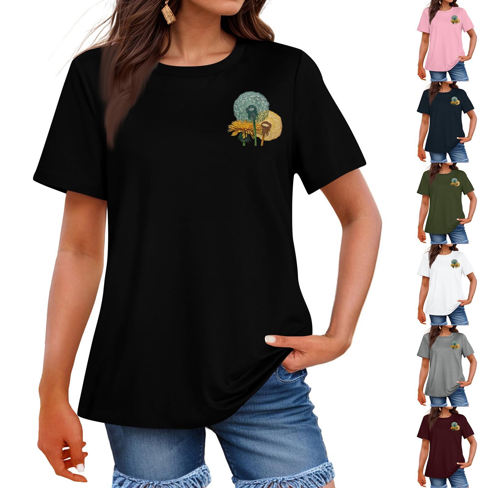 

Ladies Loose Comfortable Casual Fashionable Plant Flower Printed Round Neck Short Sleeved Shirt L
