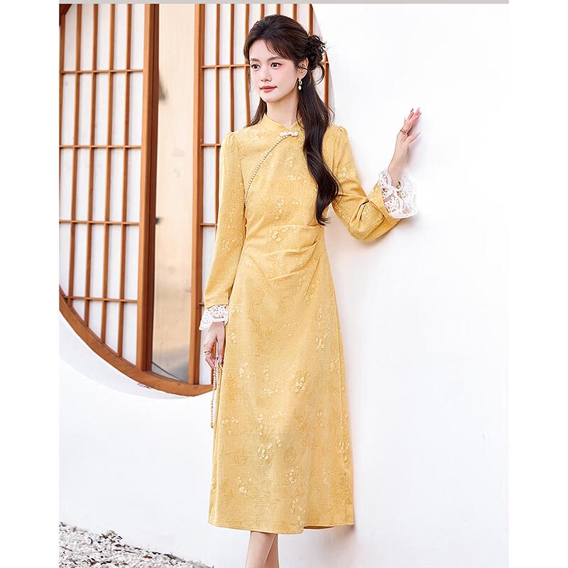 Elegant New Chinese Style Long Sleeve Midi Dress