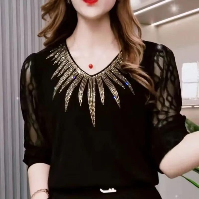 Women Summer V-Neck Half Sleeve Mesh Patchwork T-shirt Black Pullover Elegant Bottoming Shirt