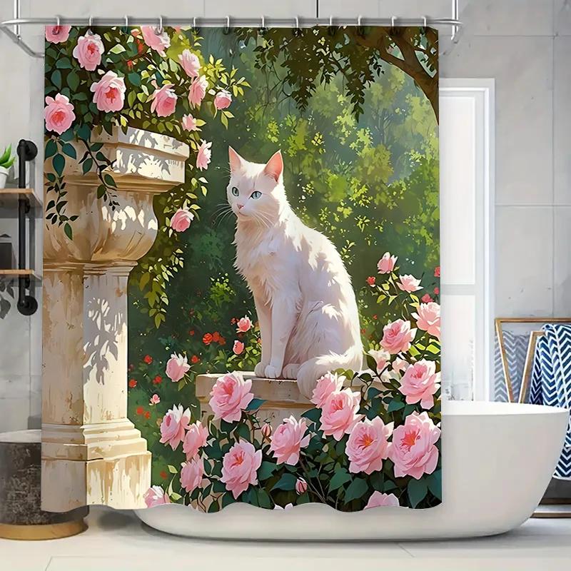 

Graceful White Cat With Pink Roses Shower Curtain Waterproof Bathroom Curtain For Shower And Bathtub Complimentary Hook W60H190(CM)-1 Pcs