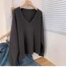 Women's Camel V-Neck Wool Sweater: Korean-Style, Loose Fit, Long-Sleeve Base Layer