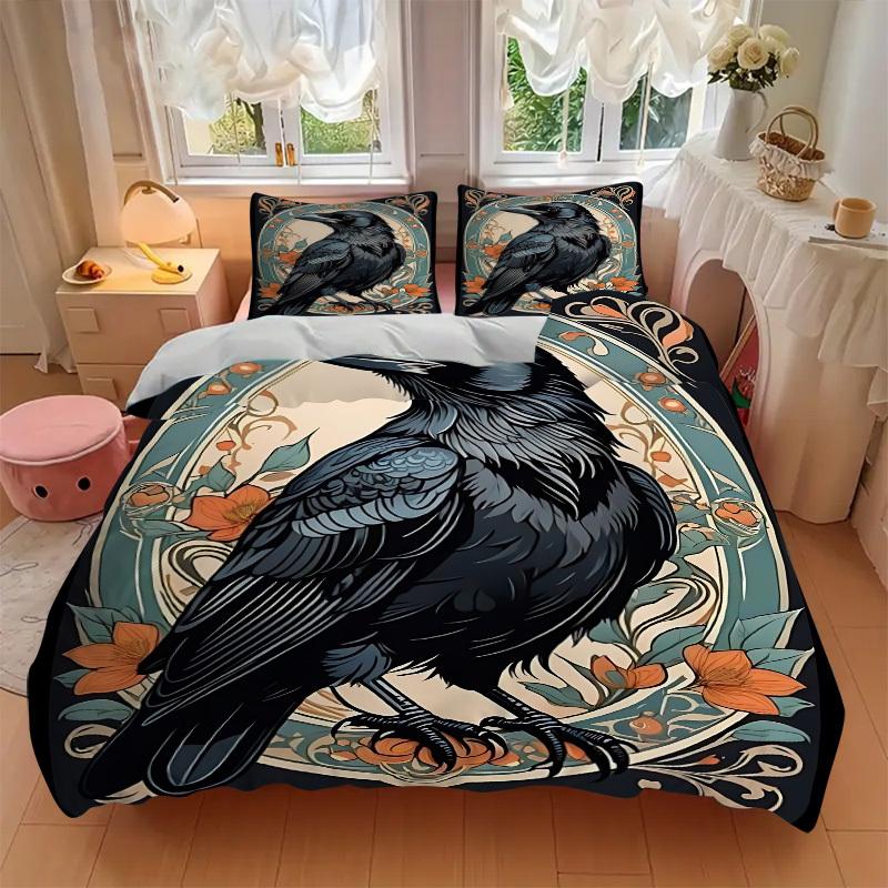 3pcs Raven Ornament Duvet Cover Set - Machine Washable, Includes 1 Cover and 2 Pillowcases, No Core Included yy251013016