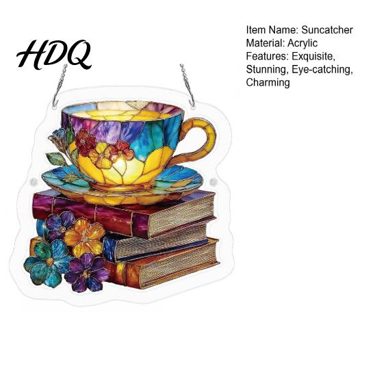 Diamond Acrylic Suncatcher Floral Tea Cup And Book Suncatcher Stained Glass Effect Window Hanging Ornament DIY Durable Sun Catcher Puzzle
