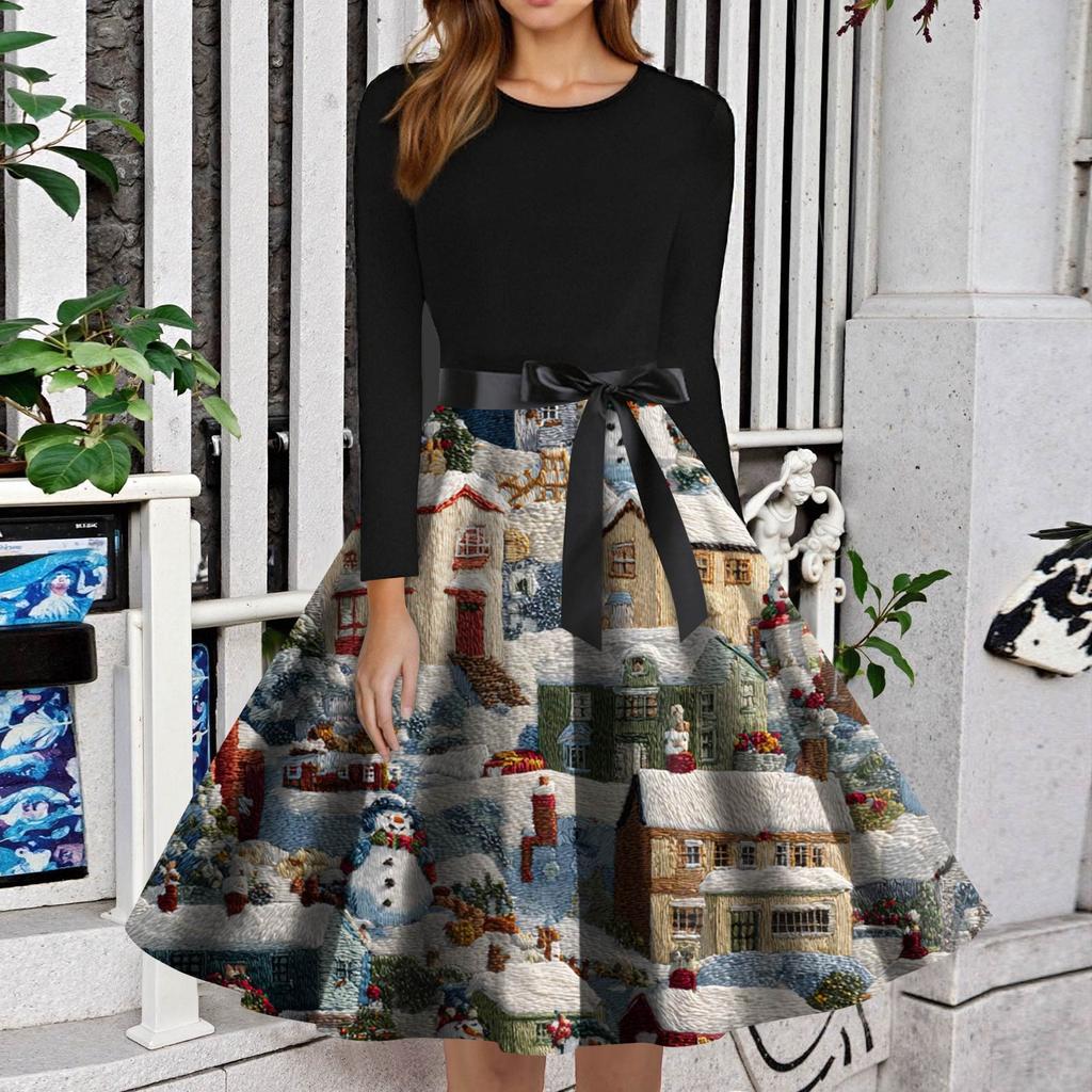 Dame Mote Rund Hals Slim-Fit Juleprint Langermet Kjole