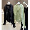 Women's V Neck Long Sleeve Chiffon Top Loose Fit Japanese Korean Casual Solid Ruffle Trim Drawstring Flare Sleeve Blouse