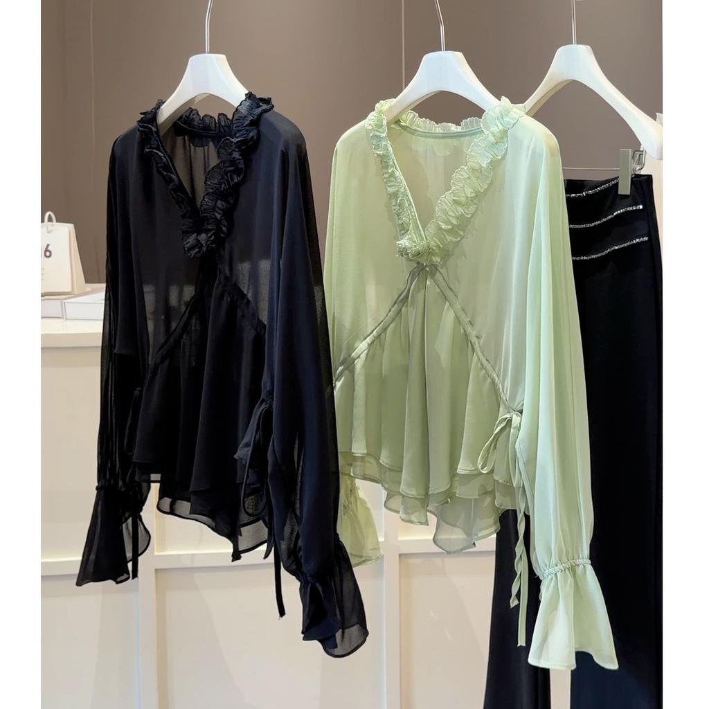 Women's V Neck Long Sleeve Chiffon Top Loose Fit Japanese Korean Casual Solid Ruffle Trim Drawstring Flare Sleeve Blouse