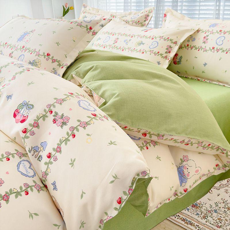 Simple Class A Washed Cotton Four-piece Bedding Set Princess Style Printed Quilt Cover Dormitory Bed Sheet Three-piece Quilt Cover