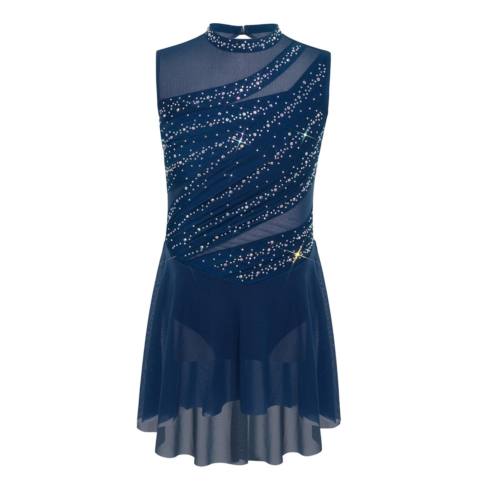 Mädchen Lyrisches Tanzaufführungskleid Ärmellos Ausgeschnittener Rücken Mesh-Patchwork High-Low-Saum Gerafft Glitzerndes Strasskleid 5-6 Years navy blau