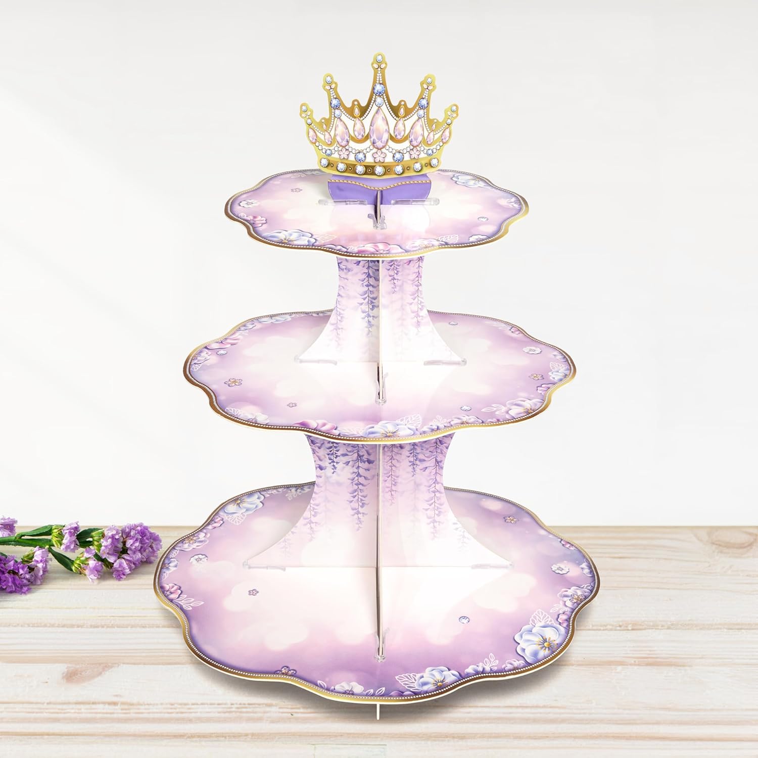 Cheerland Purple Cupcake Stand Purple Party Decorations Rapunzel Birthday Tangled Princess Gold Cake Decor 3 Tier Bridal Shower Lavender Floral